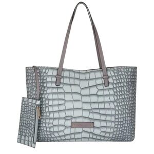 NWT De Vesi Elegant Crocodile-Embossed Tote Bag w/ clutch - Gray/light blue.